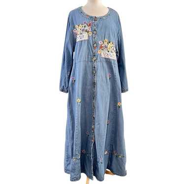 Vtg Papy Boez Denim Dress Embroidered Flowers Cott