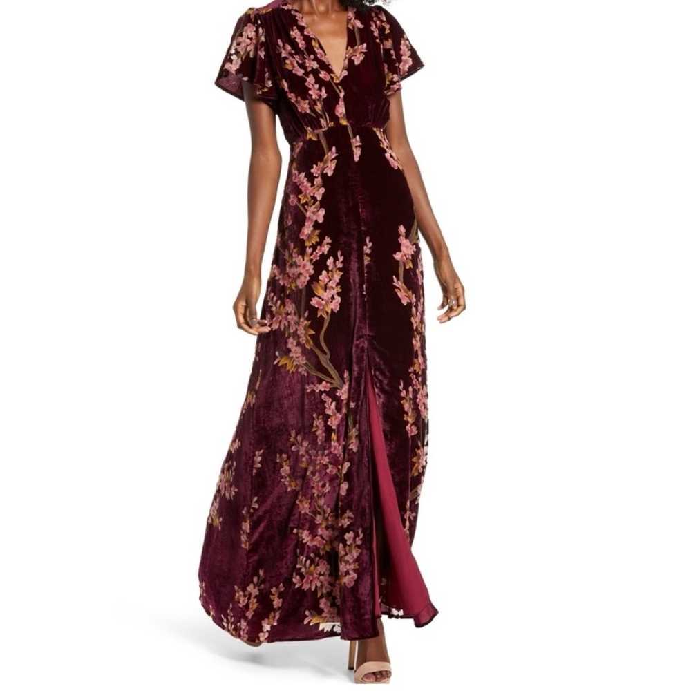 4SI3NNA burgundy Red Floral Burnout Velvet Maxi D… - image 1