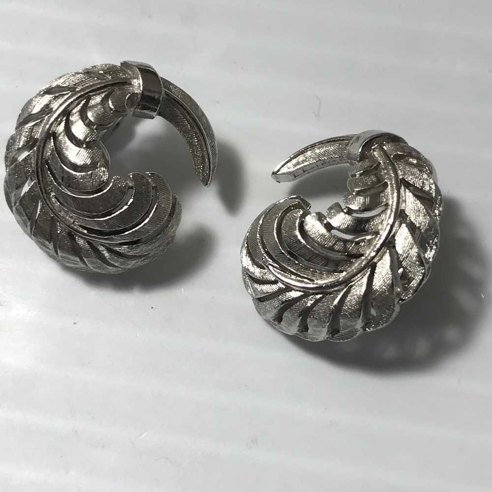 Vintage Trifari Feather Leaf Clip ons Silver Tone - image 1