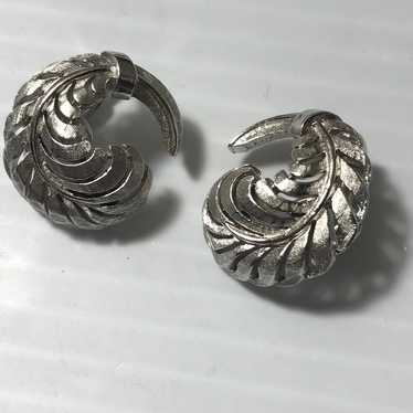 Vintage Trifari Feather Leaf Clip ons Silver Tone - image 1