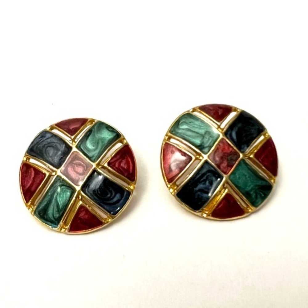 Vintage Button Earrings Oversized Jewel Tone Colo… - image 1