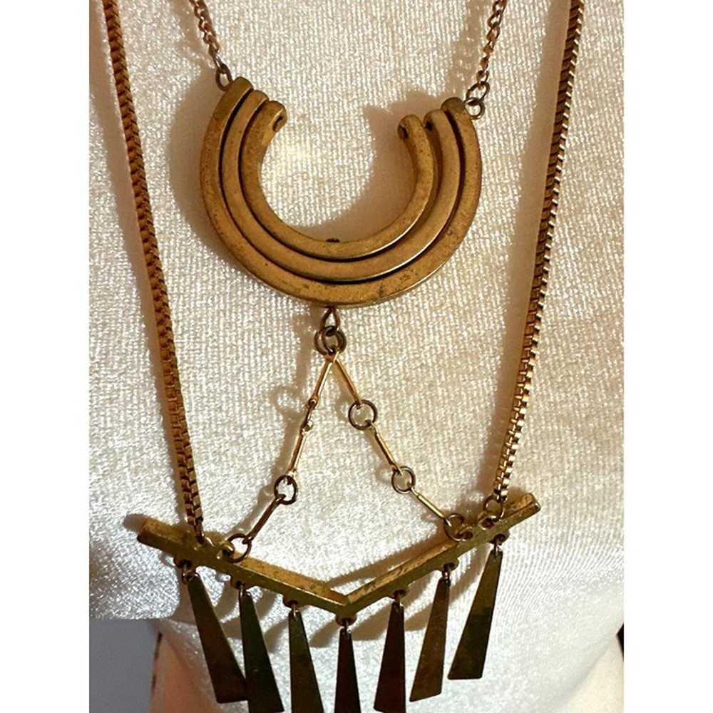 Vintage Brass Gold Geometric Statement Necklace C… - image 9