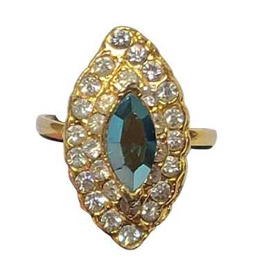 Vintage Gold-Tone Ring With Clear & Teal Rhinesto… - image 1