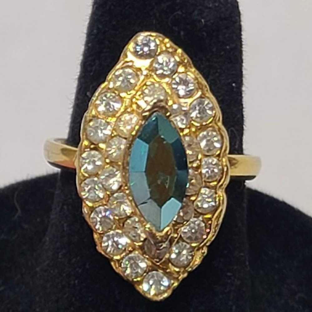 Vintage Gold-Tone Ring With Clear & Teal Rhinesto… - image 2