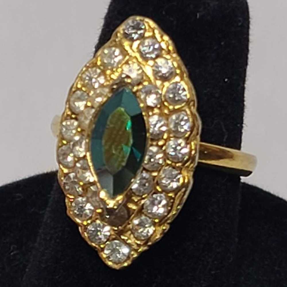 Vintage Gold-Tone Ring With Clear & Teal Rhinesto… - image 3