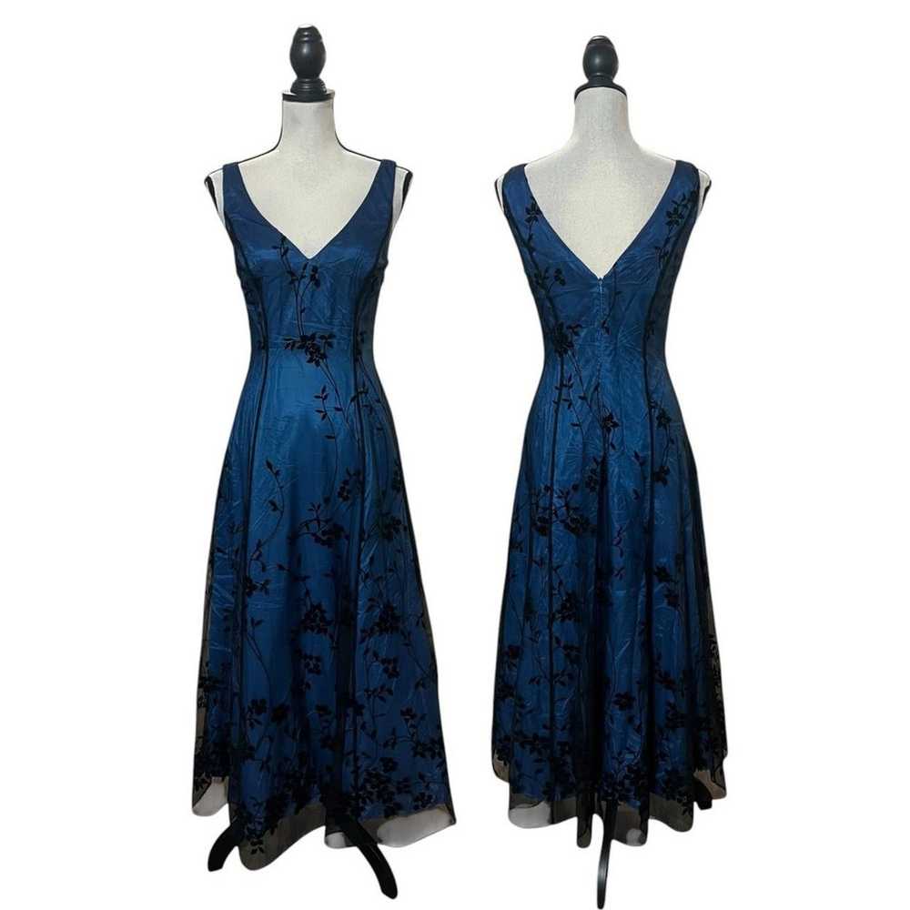 VTG 90s Adrianna Papell Deep Blue & Black Floral … - image 1