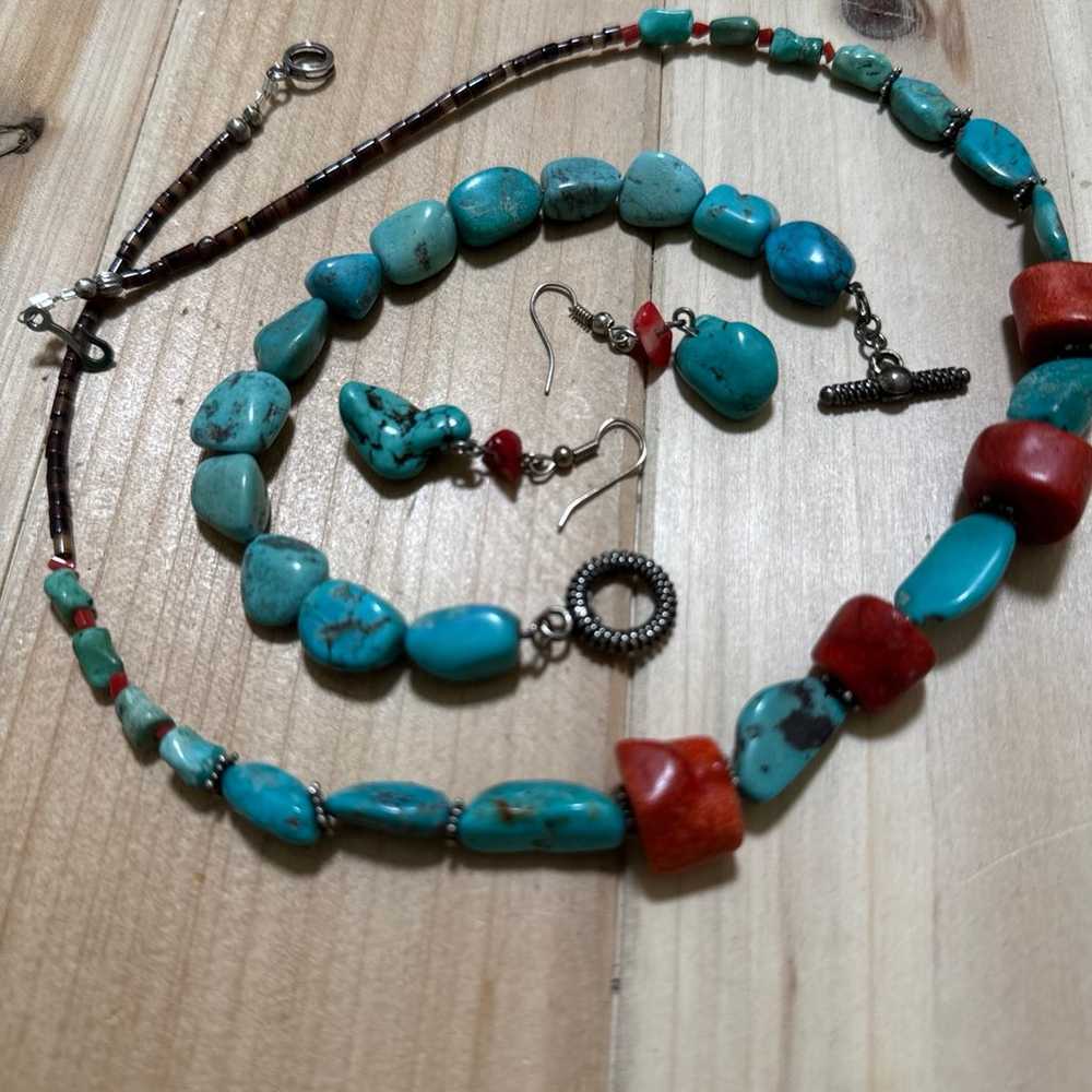 TURQUOISE CORAL STERLING FAS BRACELET NECKLACE EA… - image 2