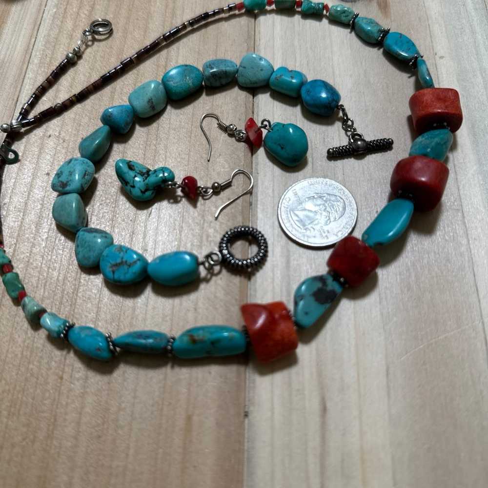 TURQUOISE CORAL STERLING FAS BRACELET NECKLACE EA… - image 3