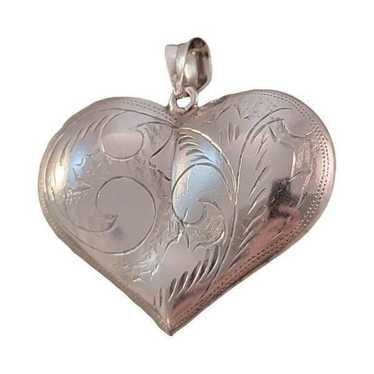 Vintage Sterling Large Puffy Etched Heart Pendant… - image 1