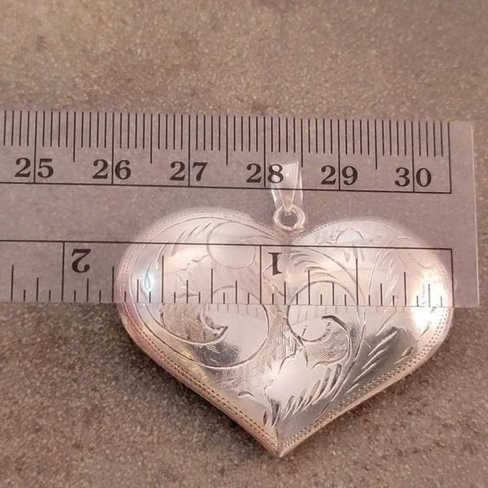 Vintage Sterling Large Puffy Etched Heart Pendant… - image 5