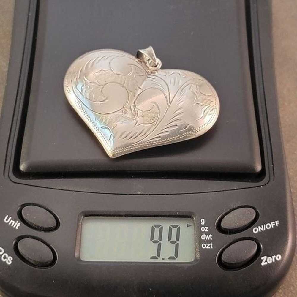 Vintage Sterling Large Puffy Etched Heart Pendant… - image 7