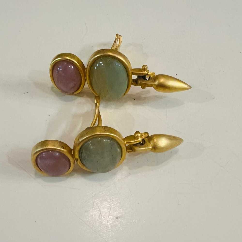 Vintage 90s earrings dangle green pink stones gol… - image 9