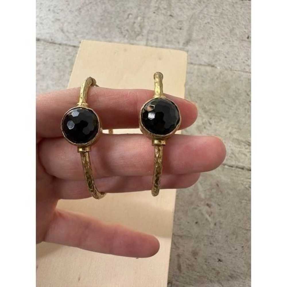 Vintage Hammered Metal Hoop Earring With Black Fa… - image 4