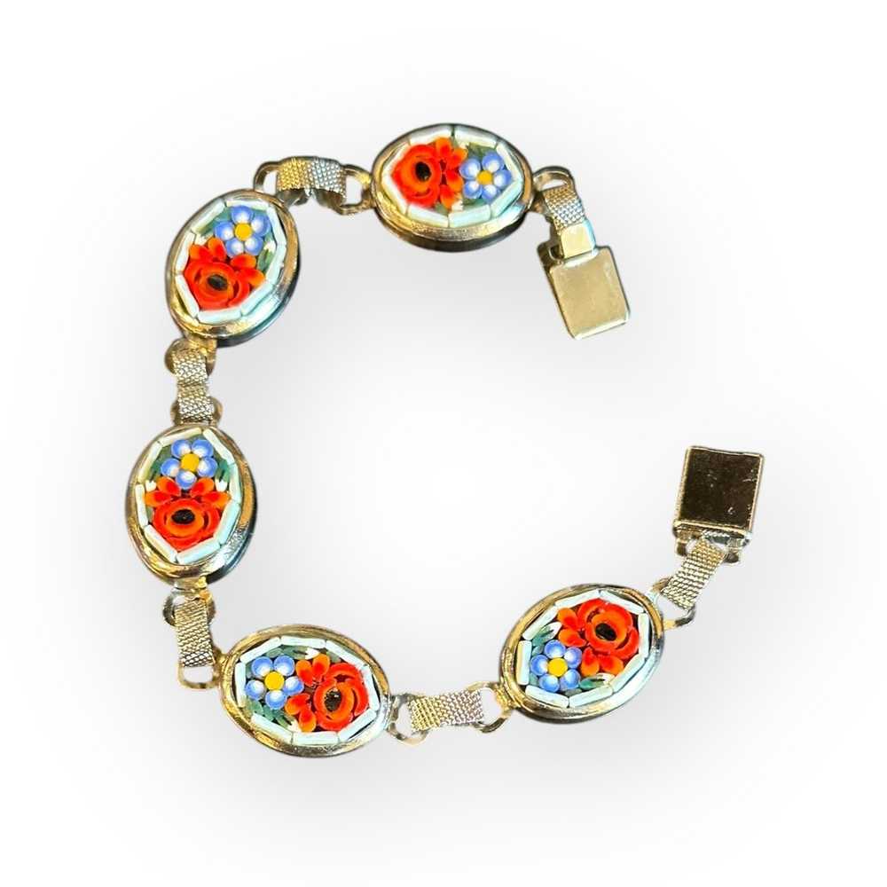 Micro Mosaic Floral Silvertone Bracelet - image 1