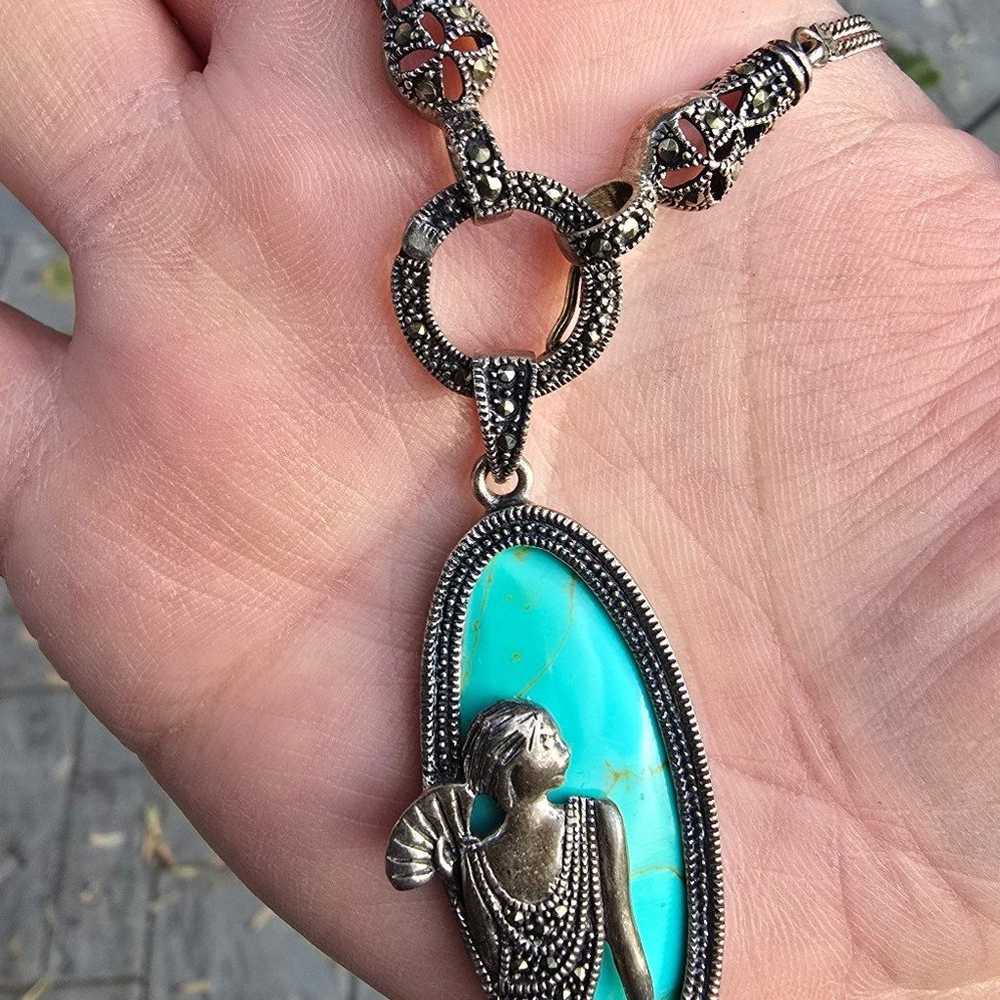 VINTAGE TURQUOISE AND MARCASITE LADY NECKLACE - image 2