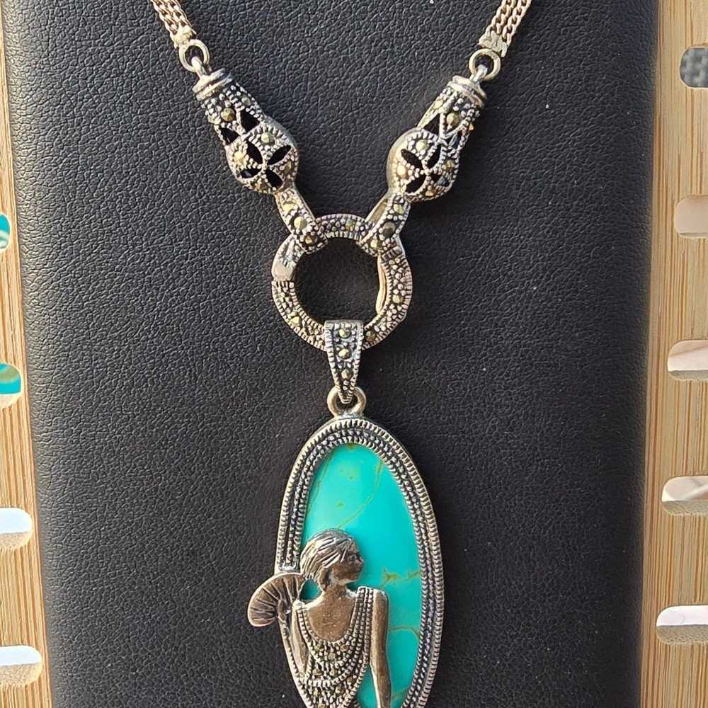 VINTAGE TURQUOISE AND MARCASITE LADY NECKLACE - image 4