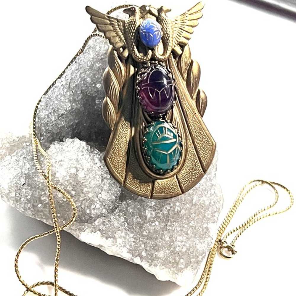 Retro Vintage Egyptian Revival Scarab Pendant Nec… - image 9