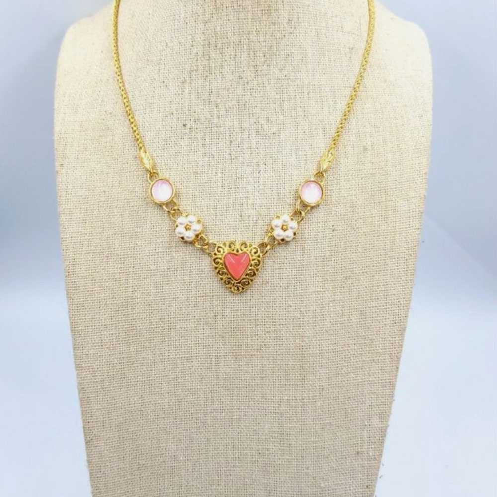 Vintage TRIFARI Gold Tone Heart Necklace Pink Luc… - image 6