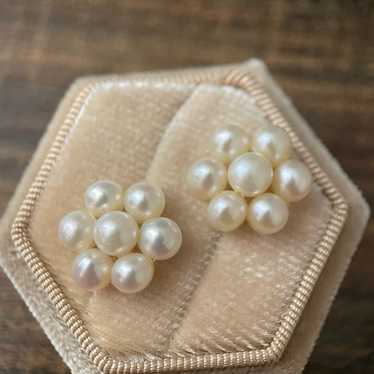 14k solid gold genuine pearl cluster stud stateme… - image 1