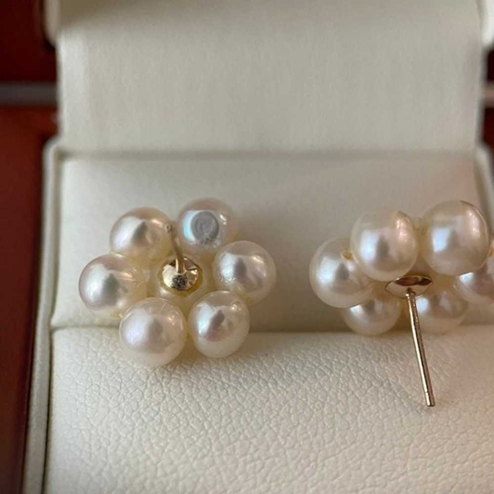 14k solid gold genuine pearl cluster stud stateme… - image 4