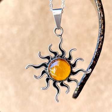 Genuine Amber Sterling Silver Sun Pendant