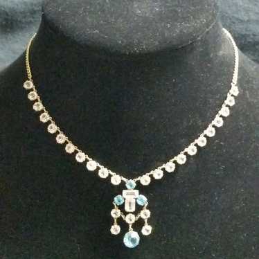 Blue Crystal bezel necklace vintage Goldtone