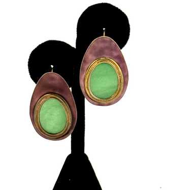 Rare Vintage Jadeite and Enamel Brass Earrings - image 1