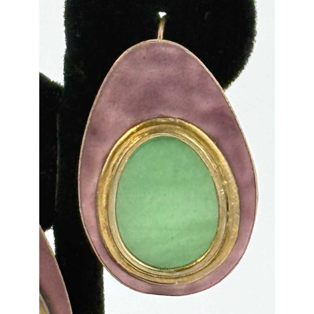 Rare Vintage Jadeite and Enamel Brass Earrings - image 3