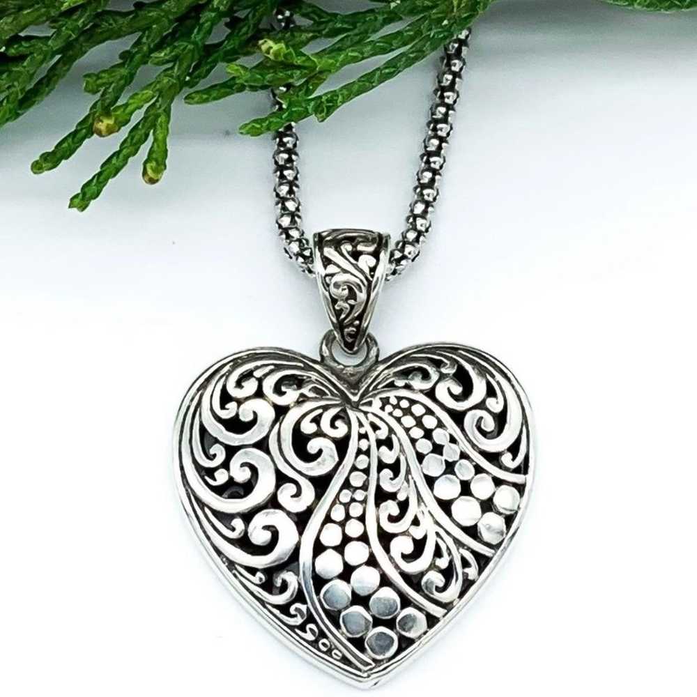 Vintage Sterling Silver Scroll Heart Pendant Neck… - image 2