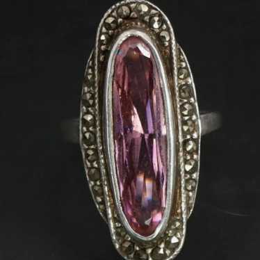 Art Deco Pink Topaz & Marcasite 925 Ring - image 1