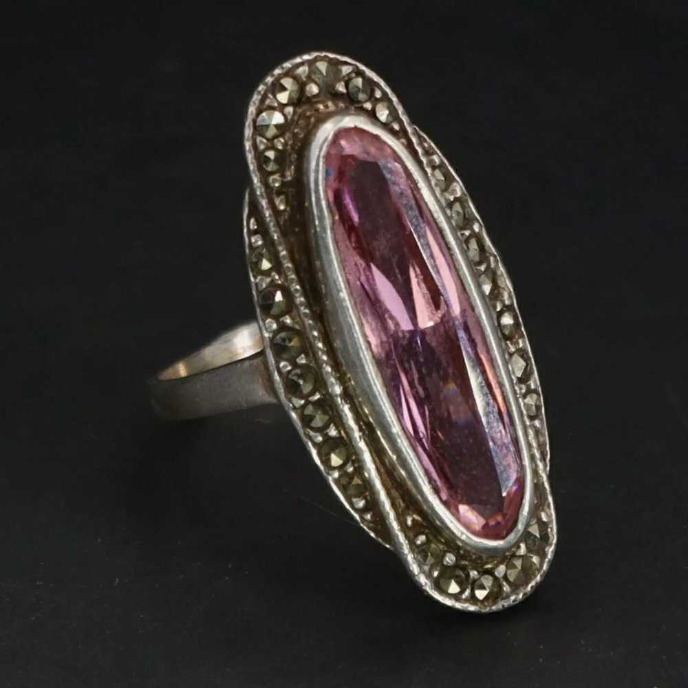 Art Deco Pink Topaz & Marcasite 925 Ring - image 2