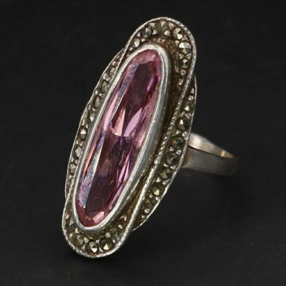 Art Deco Pink Topaz & Marcasite 925 Ring - image 3