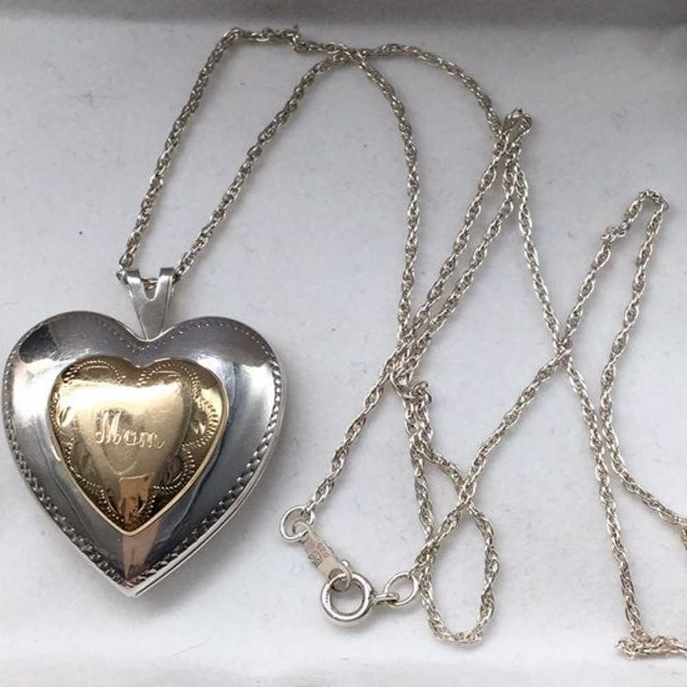 Vintage Sterling & 14k Gold Heart Locket Necklace - image 2