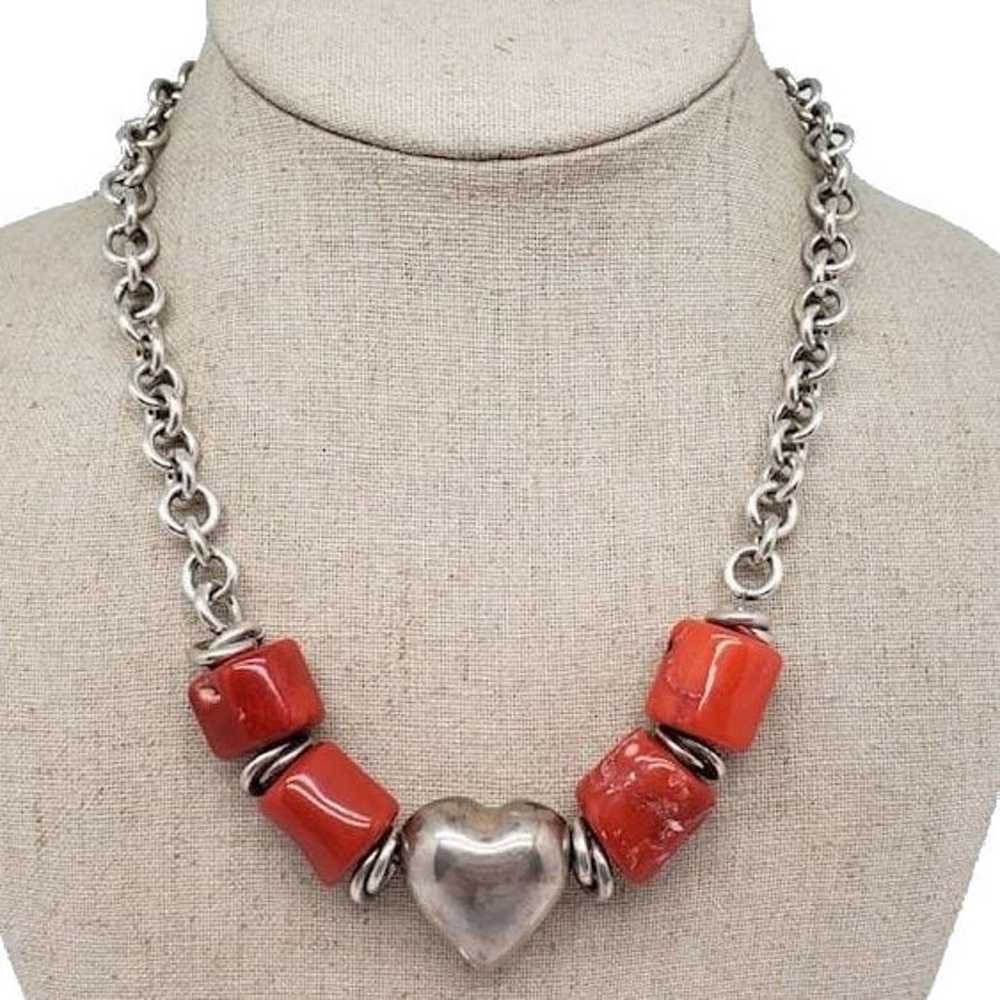 Sterling Heart Chunky Red Coral Thick Chain State… - image 5