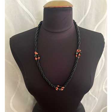 Vintage Handcrafted Black Onyx & Coral Beaded 28" 