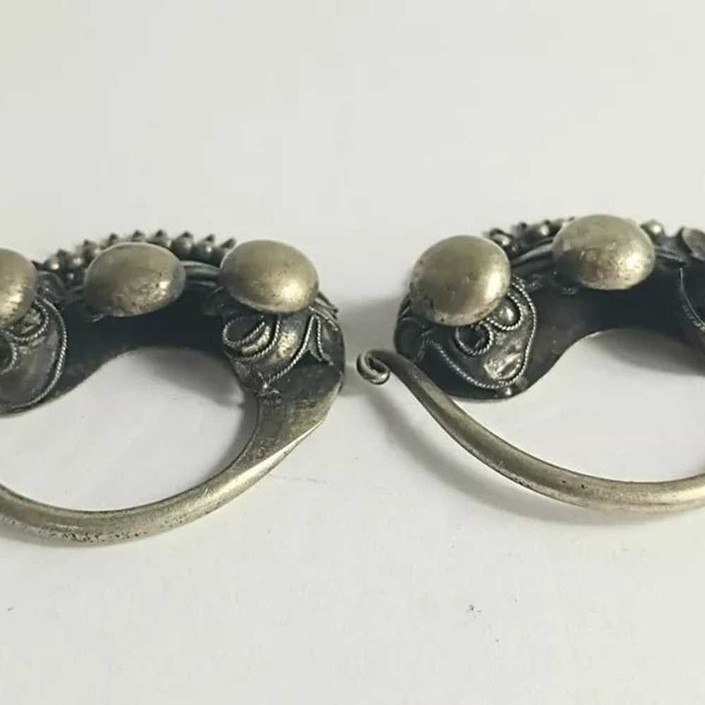 Vintage Miao Silver Tribal Floral Earrings - image 2