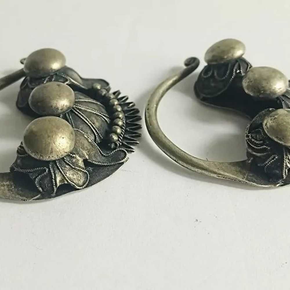 Vintage Miao Silver Tribal Floral Earrings - image 3