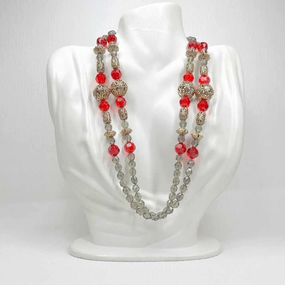 Vintage Smoky Quartz & Fire Red Glass Faceted Bea… - image 11