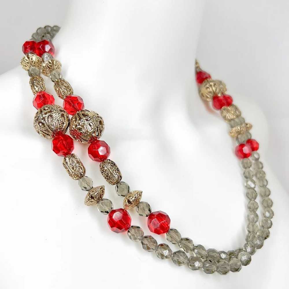 Vintage Smoky Quartz & Fire Red Glass Faceted Bea… - image 6