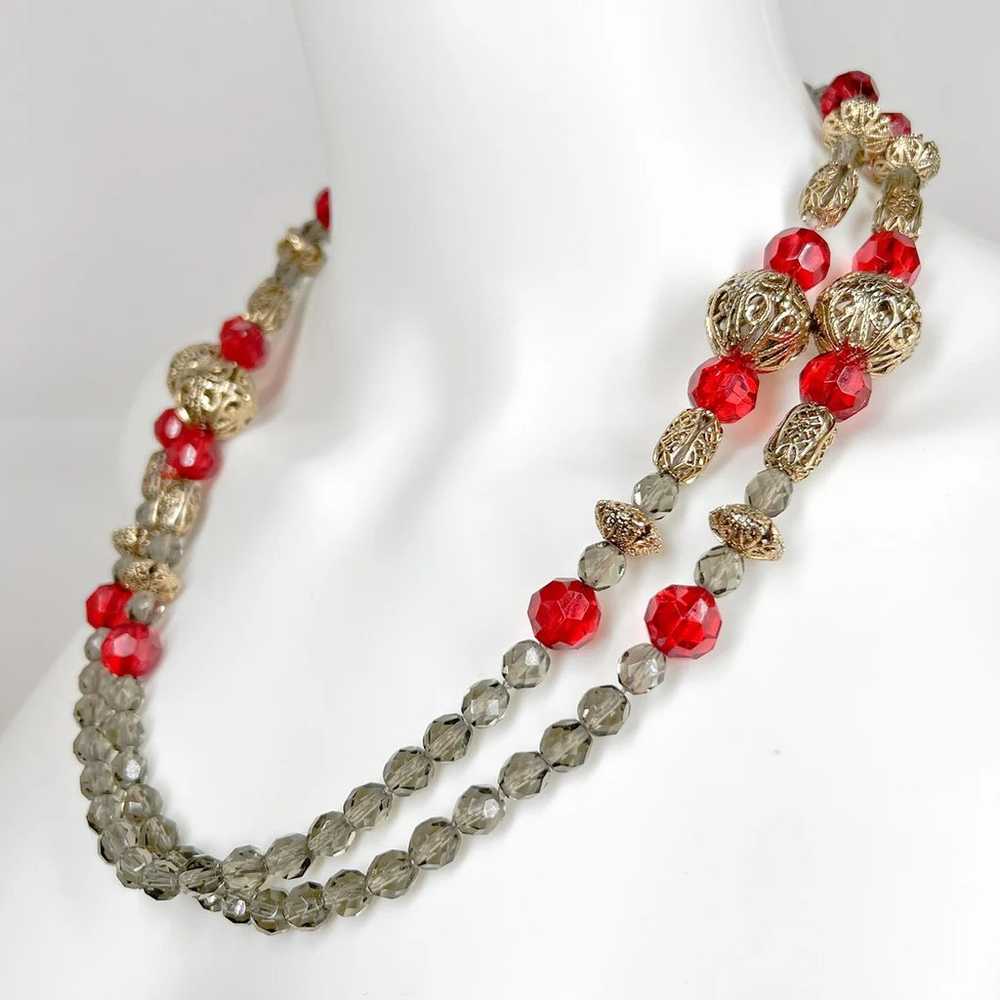 Vintage Smoky Quartz & Fire Red Glass Faceted Bea… - image 9