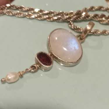 Vintage Genuine Rainbow Moonstone, Garnet & Pearl… - image 1