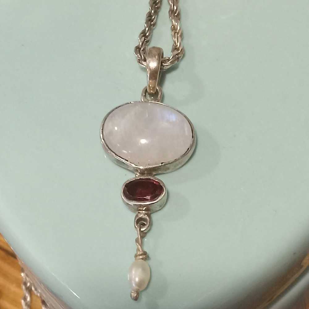 Vintage Genuine Rainbow Moonstone, Garnet & Pearl… - image 2