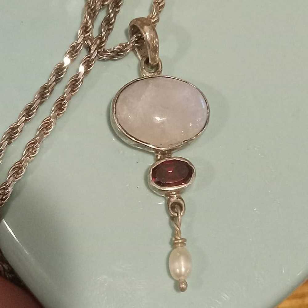 Vintage Genuine Rainbow Moonstone, Garnet & Pearl… - image 7