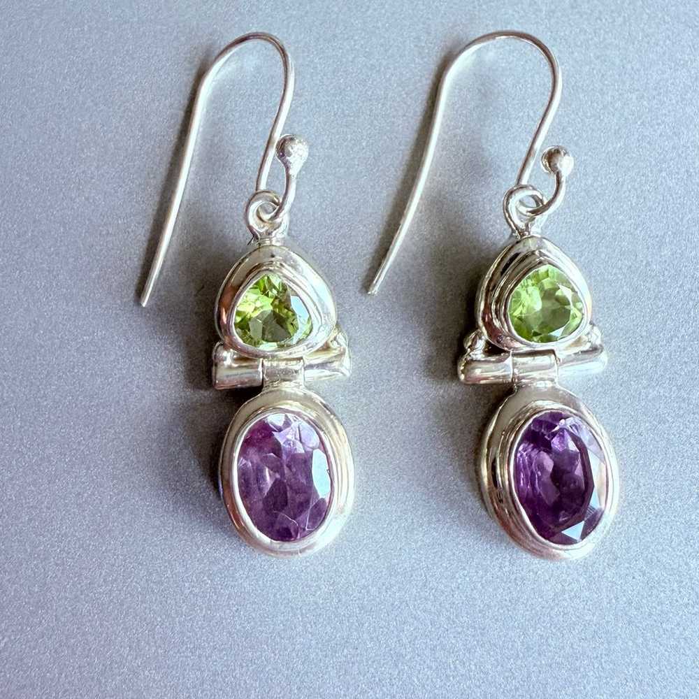 Natural Amethyst & Peridot Sterling Silver Dangle… - image 1