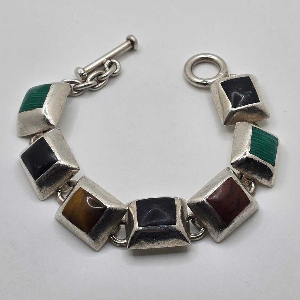 Mexico Sterling Silver Mixed Gemstone Link Bracel… - image 1