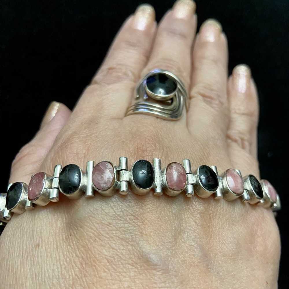 Silver 950 Onyx Pink Stones Link Bracelet - image 1