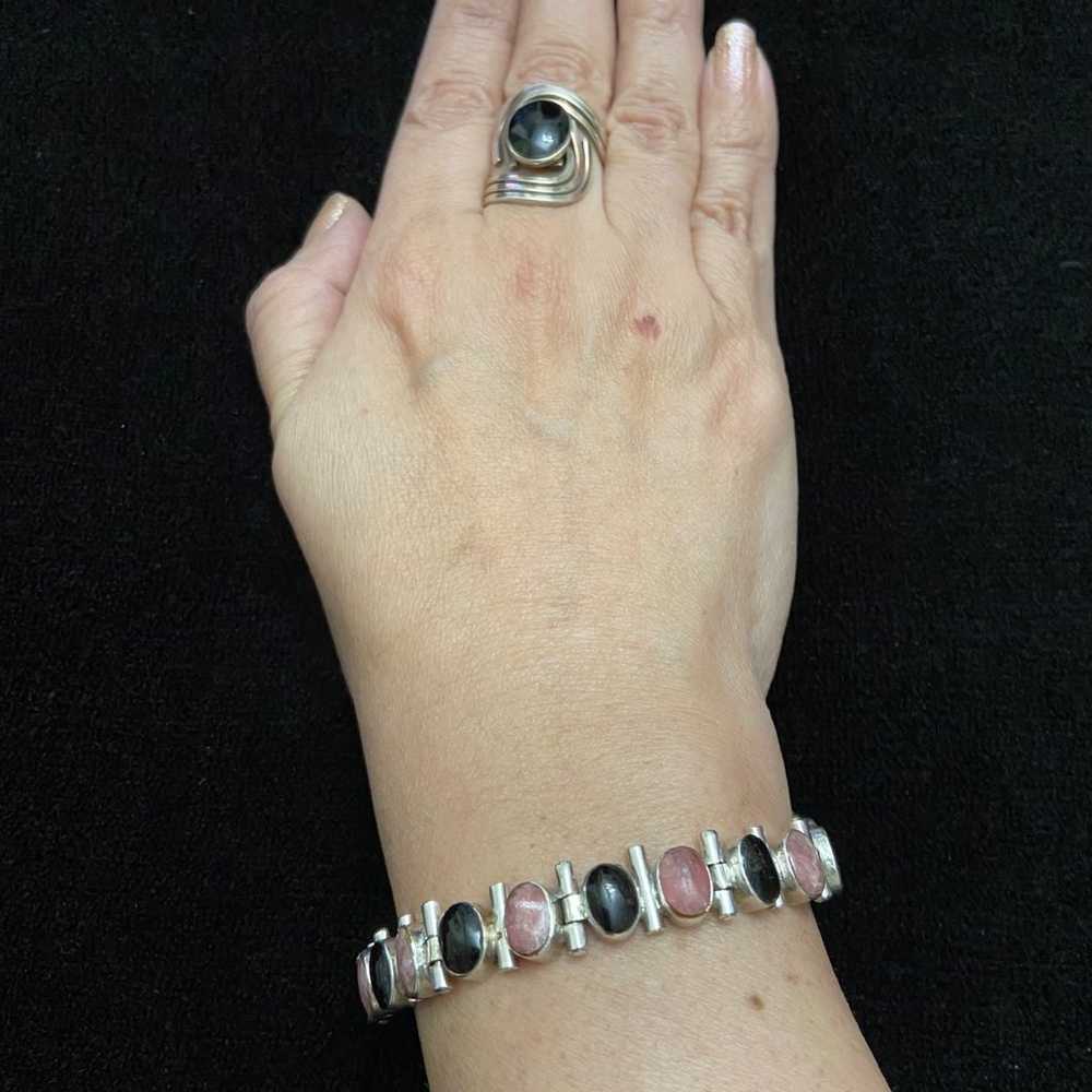 Silver 950 Onyx Pink Stones Link Bracelet - image 2