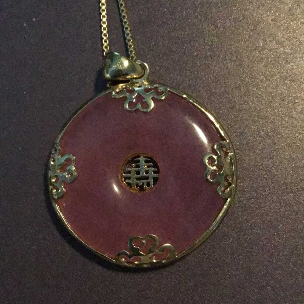 Pink Chinese hardstone necklace with gold wash ov… - image 3