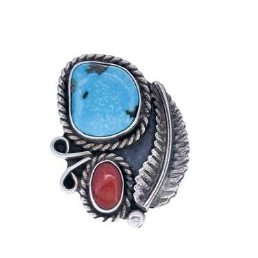 Vintage Southwest Sterling Silver Turquoise Coral… - image 1