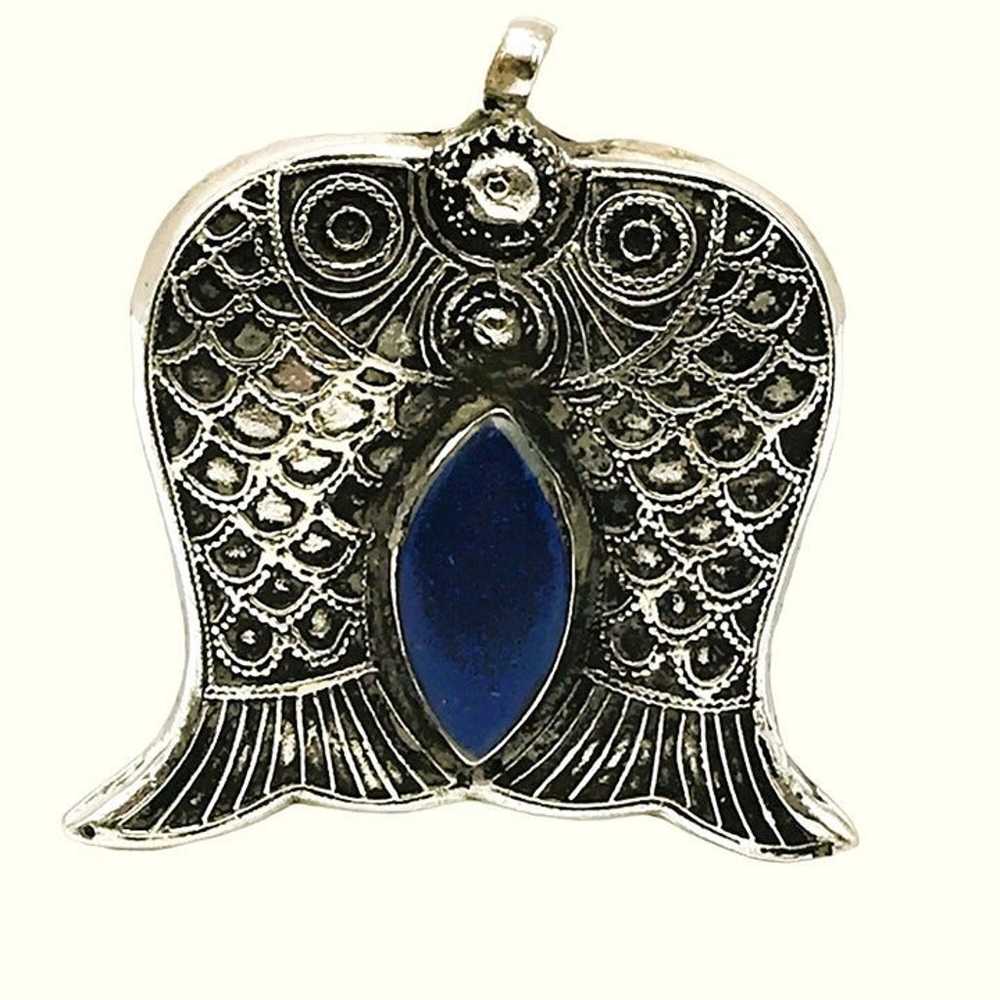 Lapis Lazuli Afghan Silver Fish Pendant Pisces Ol… - image 2